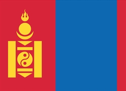 [ai] The national flag of Mongolia featuring three vertical stripes. The left stripe is red with a yellow emblem, the center stripe is red, and the right stripe is blue.